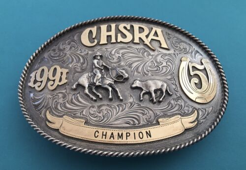 1991 CHSRA California HS Rodeo Champion Sterling Silver Gold Trophy Belt Buckle - 第 1/9 張圖片