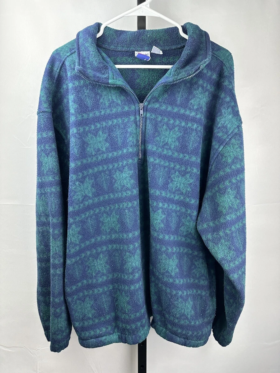 Vintage Bike Brand 1/4 Zip Fleece Jacket Patterned Blue Green Large *R