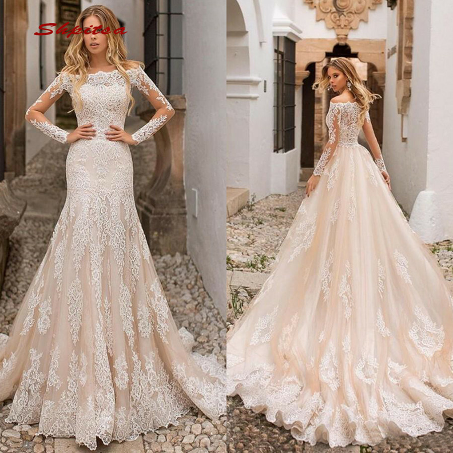 Champagne Lace Tulle Mermaid Wedding Dresses Long Sleeve Detachable Bridal  Gowns