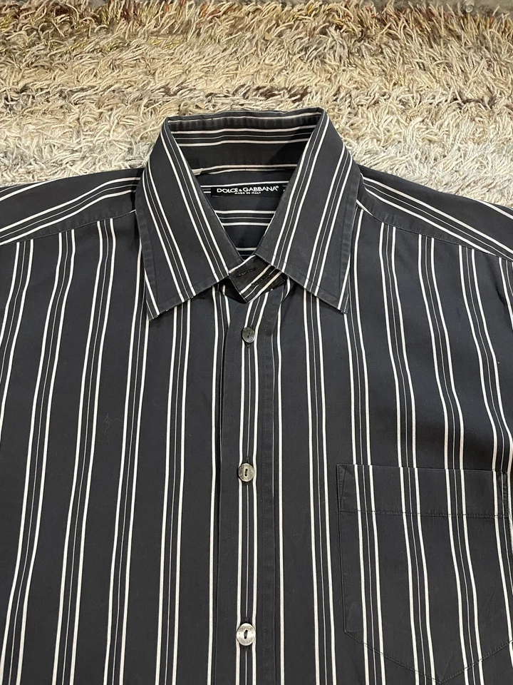 Dolce & Gabbana Men's Black White Striped Dress L/S Shirt Sz 16.5/42 Made Italy - Image 2 of 4