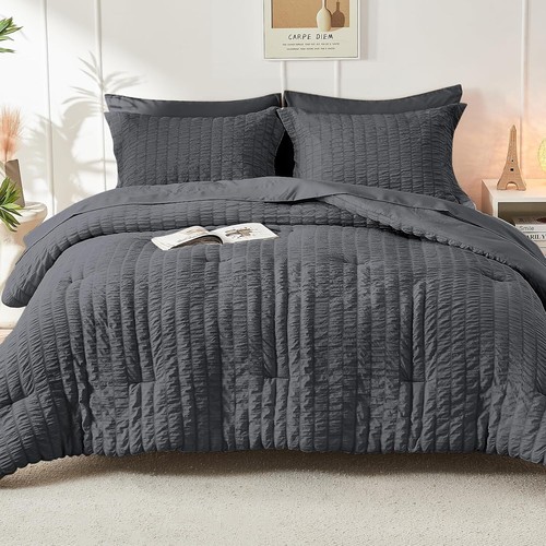 All-Season California King Seersucker Bedding Set - 7-Piece Dark Grey Collection - Picture 10 of 10