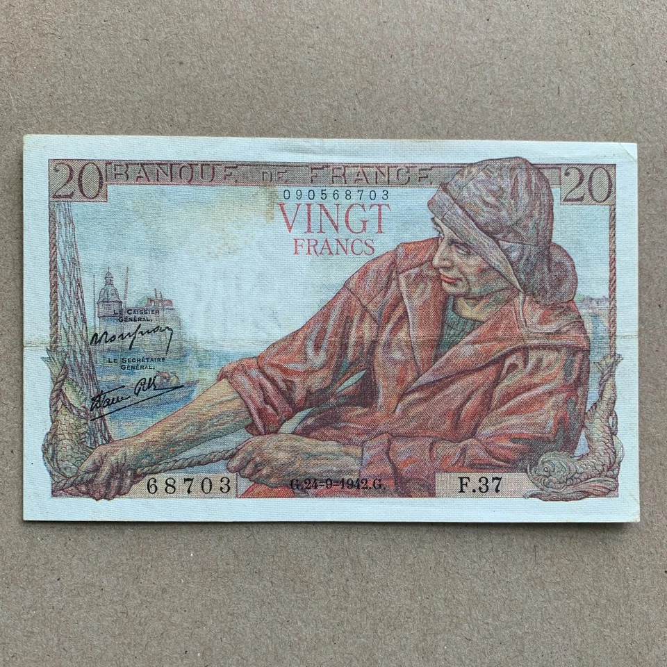 Scarce Currency 1942 France 20 Francs Banknote Breton Fisherman & Women Currency - Image 2 of 4