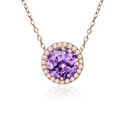 Runde Halo simulierte Amethyst & CZ Halskette in rosévergoldetem Sterlingsilber