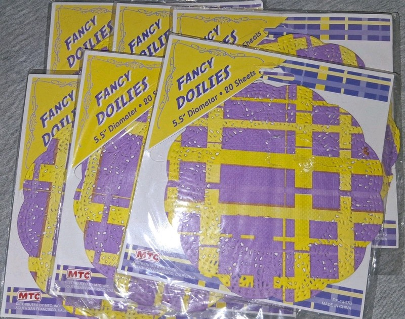 Lot of 6 Packs Purple & Yellow Paper Doilies 120 Count.  5.5” In Diameter 