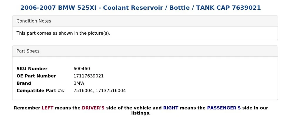 BMW 525XI 2006-2007 - depósito de refrigerante/botella/tapa del tanque 7639021 Foto 3 de 3