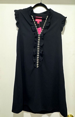 Lilly Pulitzer Adalee Shift Dress Black Ruffle Pearl Trim Size 10
