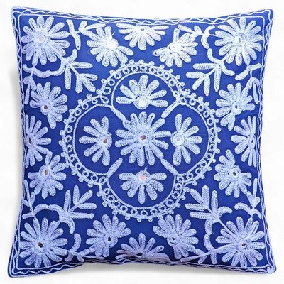 Handmade Floral Embroidered Cushion Cover  Boho Cotton Throw Pillow Case Decor