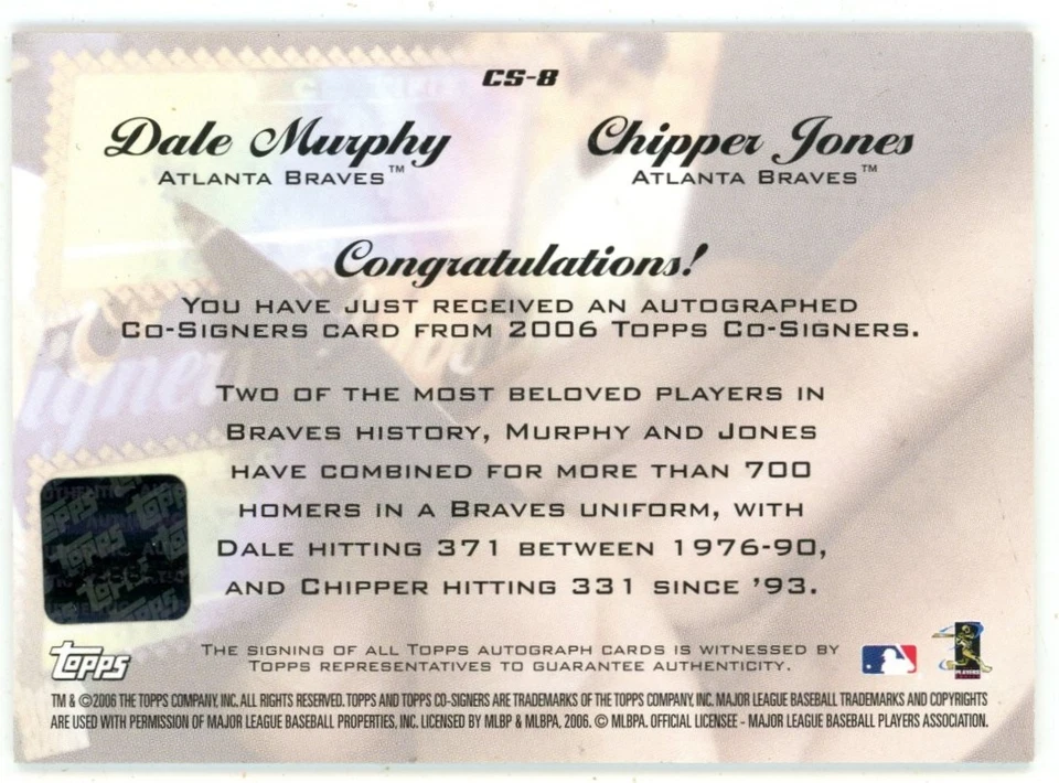 Chipper Jones Dale Murphy 2006 Topps Cofirmantes Doble Auto Firma SP/25 Foto 2 de 2