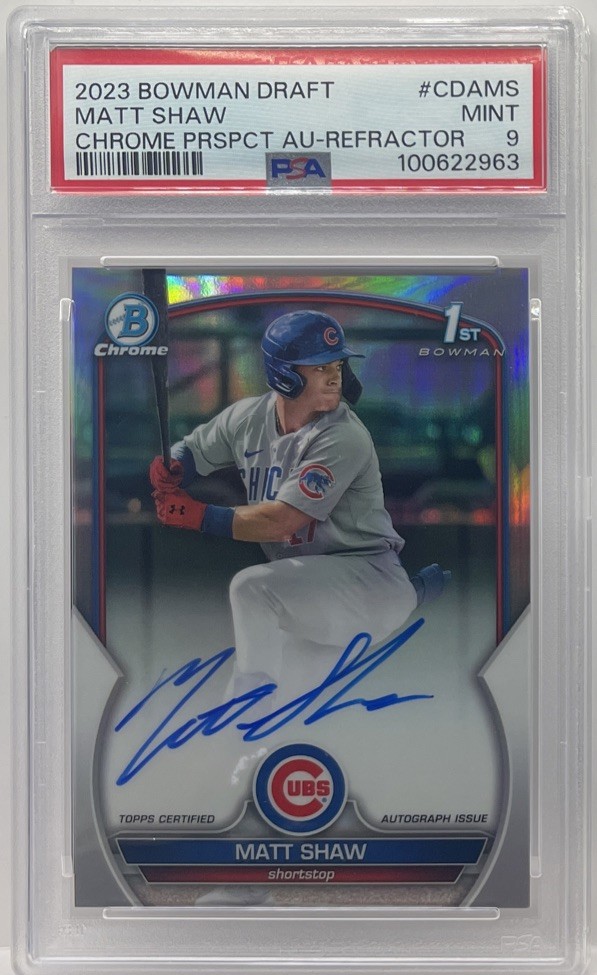 MATT SHAW 2023 Bowman Draft 1st CHROME PROSPECTS REFRACTOR AUTO #/499 PSA 9 Cubs