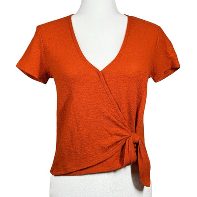 Madewell Texture & Thread Wrap Tie Crop Top Size 2XS Rust Orange Short Sleeve
