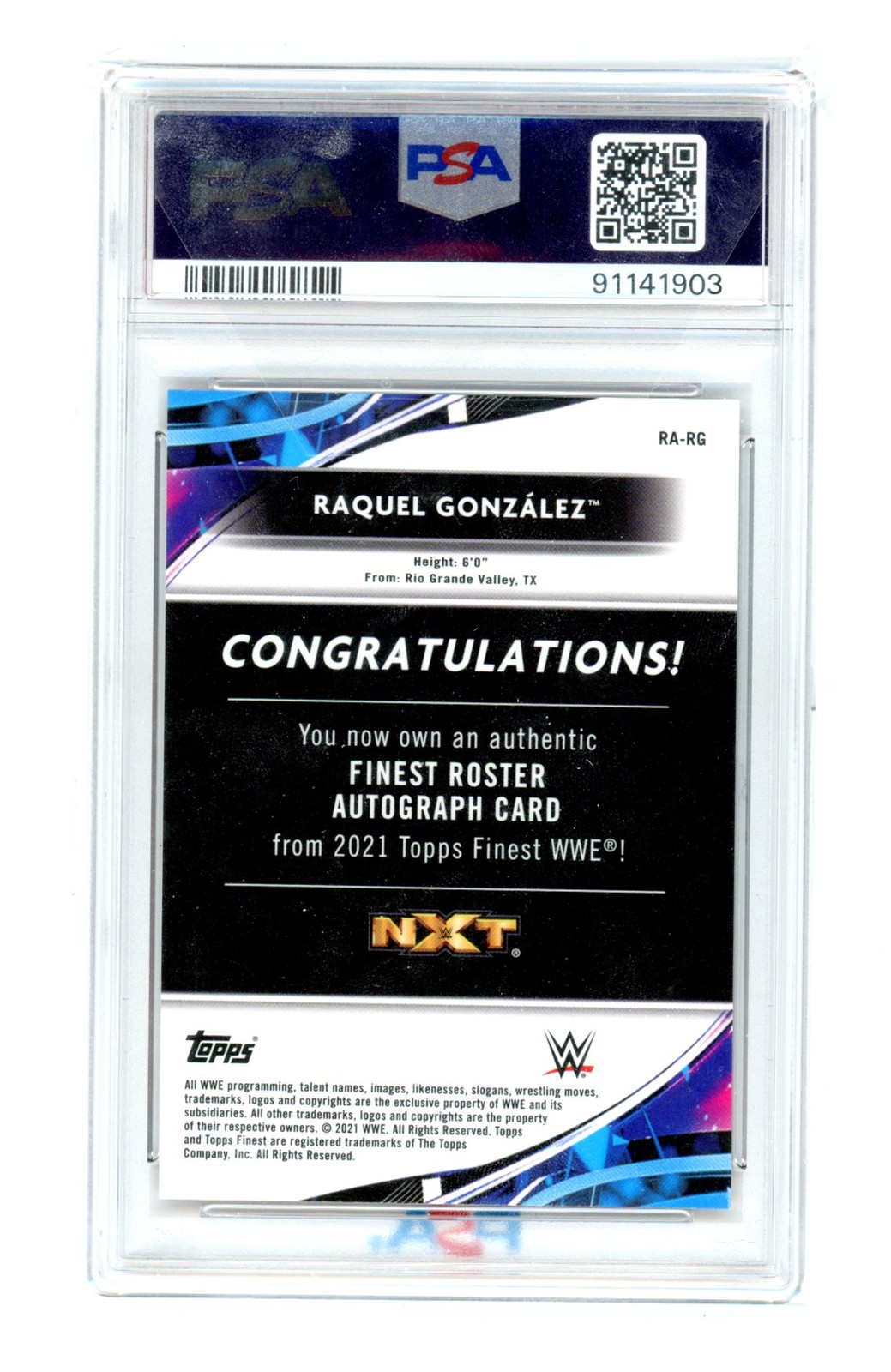 2021 Finest WWE Roster Auto Orange Refractor 08/25 Raquel Gonzalez PSA 10 view 2