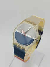 Swatch AG 1997 Day Date Watch Clear Case Navy Band Used