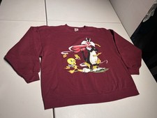 Looney Tunes Sweatshirt Men  s Large XL Sylvester Tweety Fall Leaves Maroon 90  s
