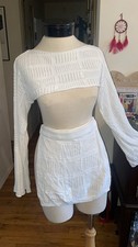White Crochet Beach Mini Skirt and shrug set Cover Up solid box stripe small