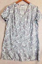 J. Jill Love Linen Paisley Dress Blue Purple V-Neck 100% Linen Boho Midi M/L