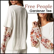Free People Gardener Tee XS Layered Oversized Embroidered Mesh Floral Tofu Cream