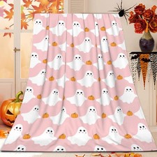 Cute Ghost Pumpkin Throw Blanket for Couch Sofa Living Room Pink Halloween Bl...