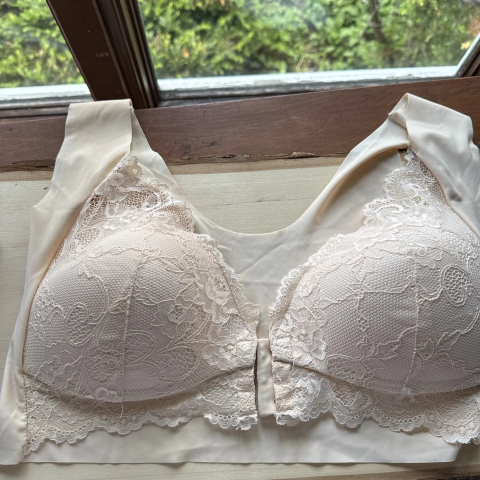Lote 3 sujetadores deportivos de copa de encaje con cierre frontal talla 2XL gris, rosa, beige inalámbricos Foto 3 de 4