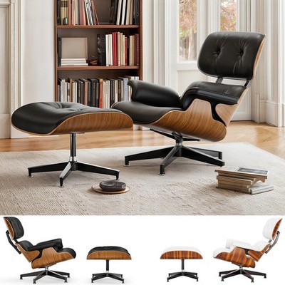 Eames Lounge Chair With Ottoman Black / White Leather Armchair Walnut / Rosewood