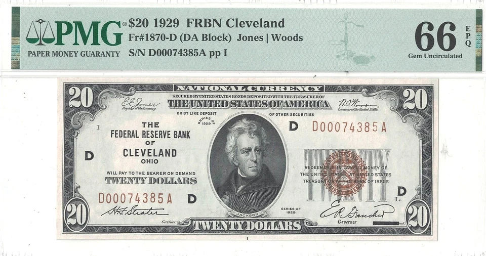 1929 $20 Federal Reserve Bank Note Fr-1870-D PMG Gem CU-66 EPQ - Image 2 of 3