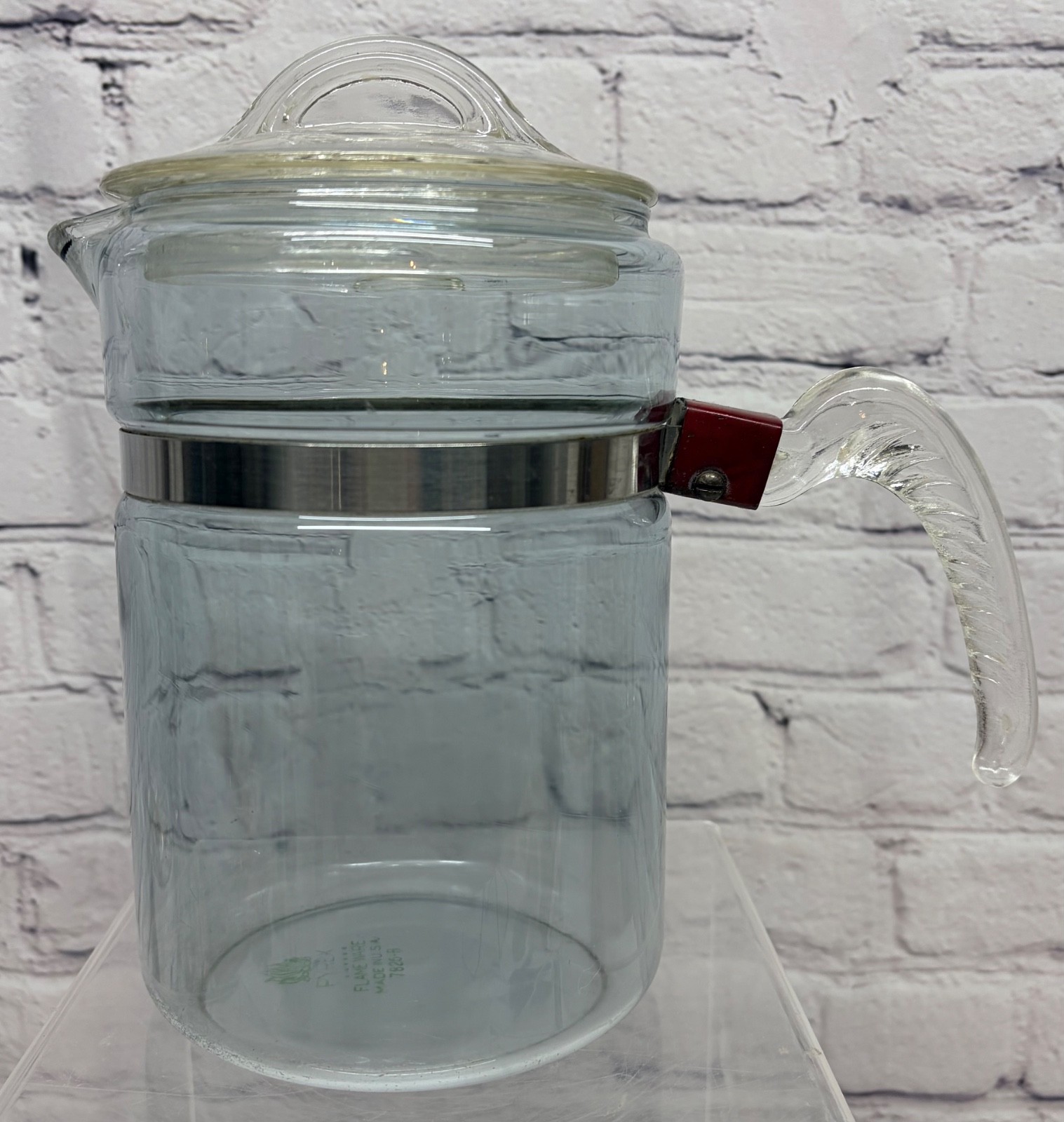 VTG Early Pyrex Flameware 6cup 7826B Coffee Pot Green Lettering Glass Stovetop