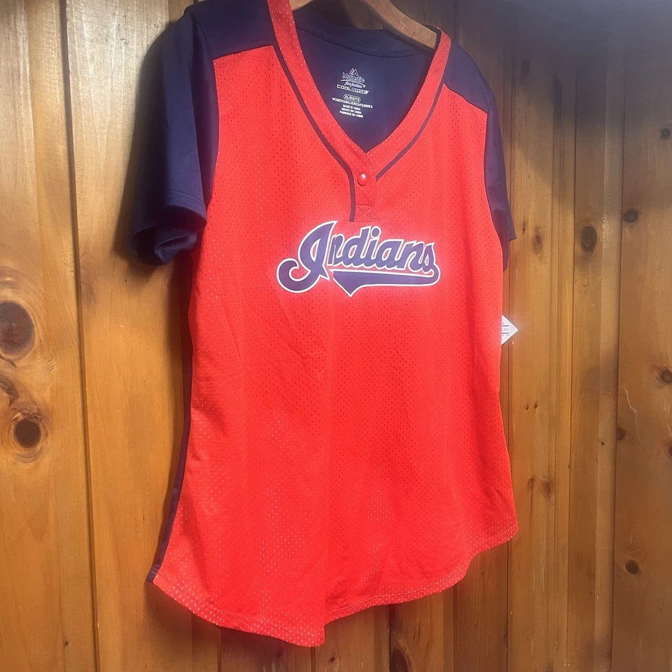 NWT Cleveland Indians Jersey Shirt Womens XL Majestic pullover v-neck mesh red - Image 2 of 4
