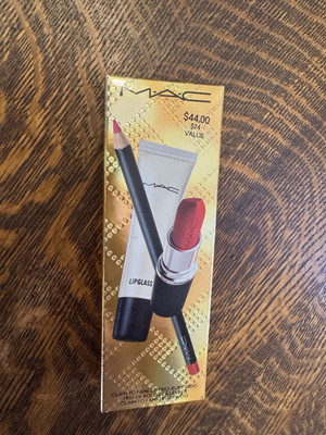 Mac Trio 3 Piece Set, Lipstick, Clear Lipglass Lipgloss, Lip Liner in Ruby Woo