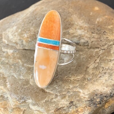 Red Spiny Oyster Turquoise Navajo Sterling Silver Inlay Ring Size