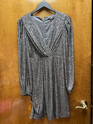 long sleeve silver dress short Hfyihgf Women Long Sleeve Sequins Glitter Dress Party Sparkle Loose Fit A-Line Mini Short Dress with Belt(Silver,XL)