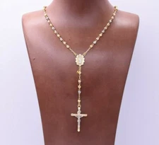 4mm Tri-Color Diamond Cut Cross Rosary Crucifix Necklace Real 10K Tri Color Gold