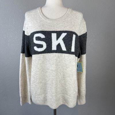 NWT CeCe SKI Motif Crew Neck Sweater Size M Ivory Gray W/ Headband Apres Lodge