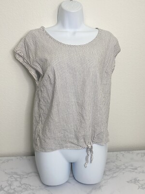 Antibes Blanc Linen Short Sleeve Top womens M Black White Striped Waist Tie X