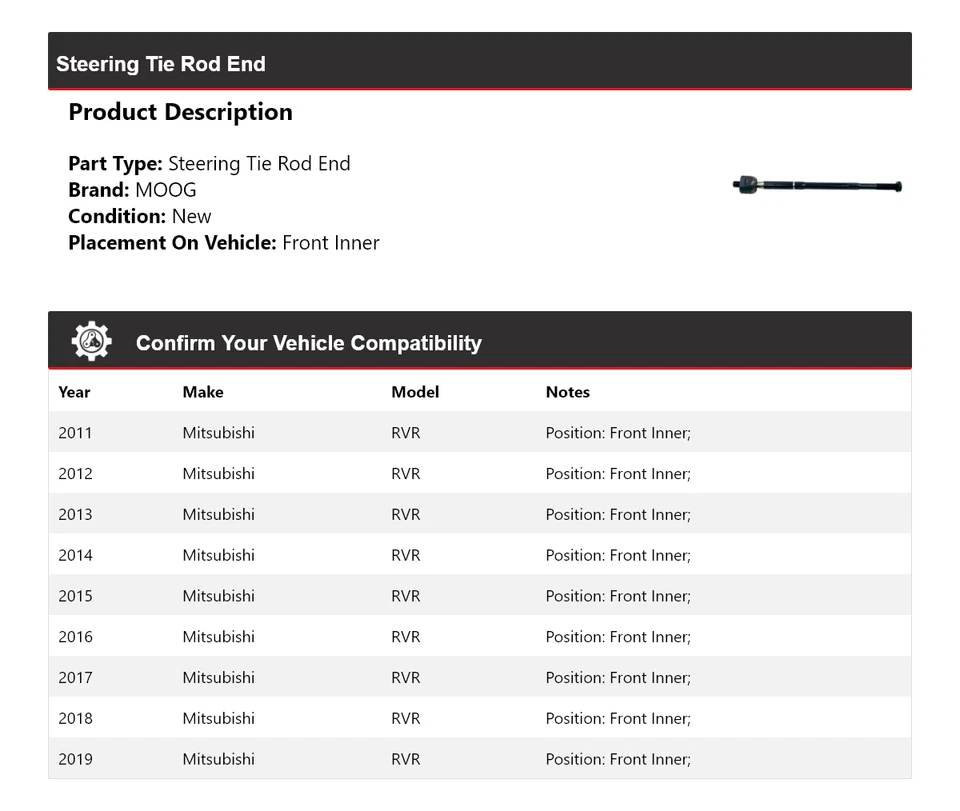 For 2011-2019 Mitsubishi RVR Steering Tie Rod End Front Inner MOOG 2011 2012 - Image 2 of 3