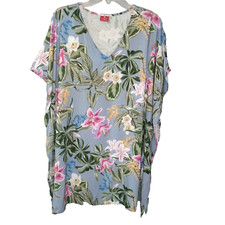 Tropical Beach Dress Sz M Emmefit Blue Floral V-Neck Kimono Caftan Cover-Up Boho