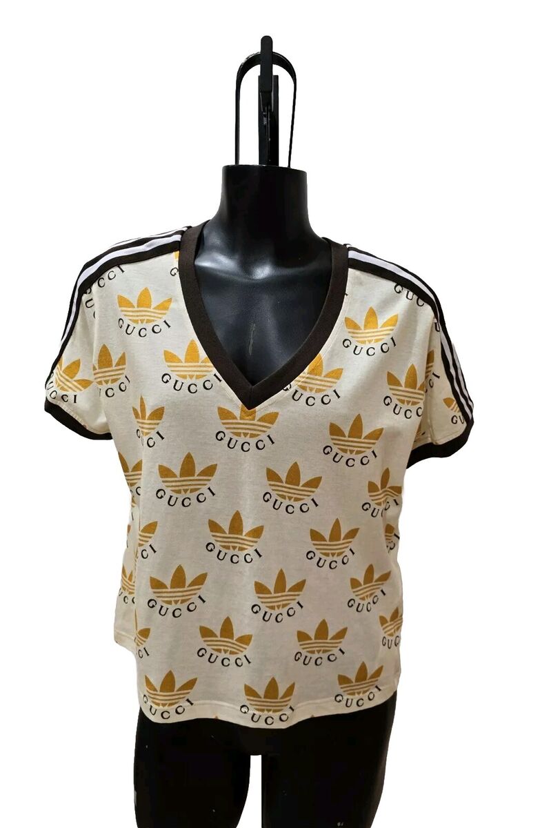 GUCCI x Adidas Ivory Brown T-Shirt V-neck S Small Cotton GUCCI x Adidas Ivory Brown T-Shirt V-neck S Small Cotton