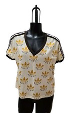 GUCCI x Adidas Ivory Brown T-Shirt V-neck S Small Cotton Jersey Trefoil Logo