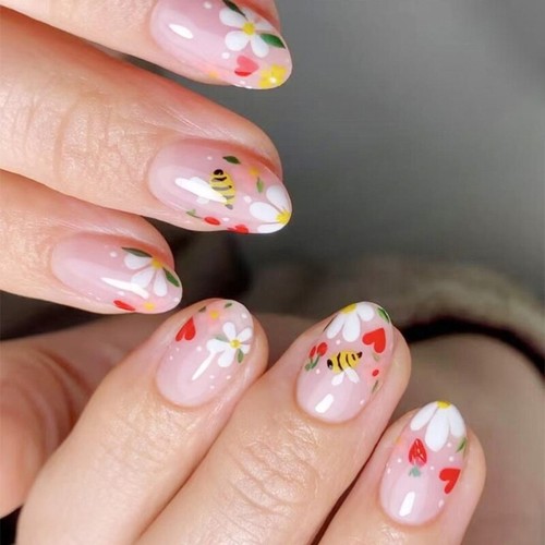 24 Pcs Flowers Press On Nail Full Cover on Nail Short Oval False Nail - Picture 7 of 8