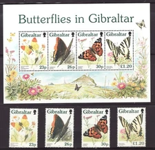 1998 Gibraltar Sc #1556a Butterflies, stamps and souvenir sheet - MNH Cv$11.50