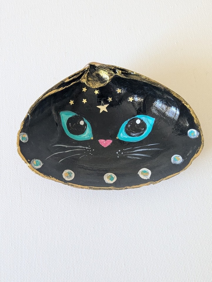 Hand Painted Clam Shell Jewelry Dish Ring Holder GIFT Halloween Cat