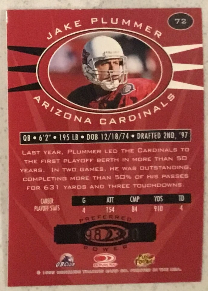 1999 Donruss Preferred QBC Preferred Power SILVER JAKE PLUMMER #d /300 RARE! - Image 2 of 2