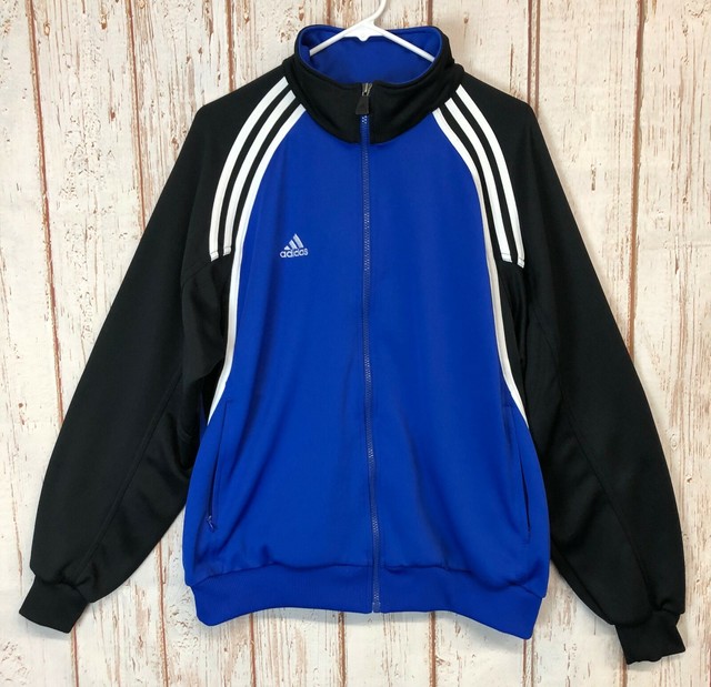 ADIDAS Full Zip Polyester Jacket Mock Neck Black & Blue w/White Stripes