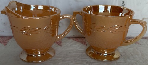 Vintage Fire King Peach Luster Cream and Sugar Set 1950s Laurel Leaf Design - Picture 2 of 13