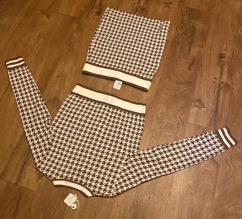 NWT Haute Monde Brown Houndstooth Skirt and Cardigan Sweater 2-Piece Set - M - Picture 2 of 10
