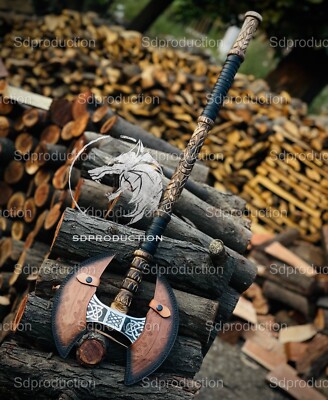 Double Headed Viking Axe, Battle Axe, Hand Forged Steel Double Blade Viking Axe.