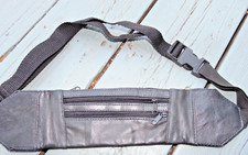 Black Leather Triple -Zippered Money Belt Slim Small Fanny Pack Travel Hiking