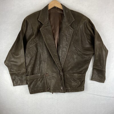 VTG ECHT LEDER WOMEN'S Sz 40 Brown Viscose JACKET Moto Bat Sleeve Double Breast