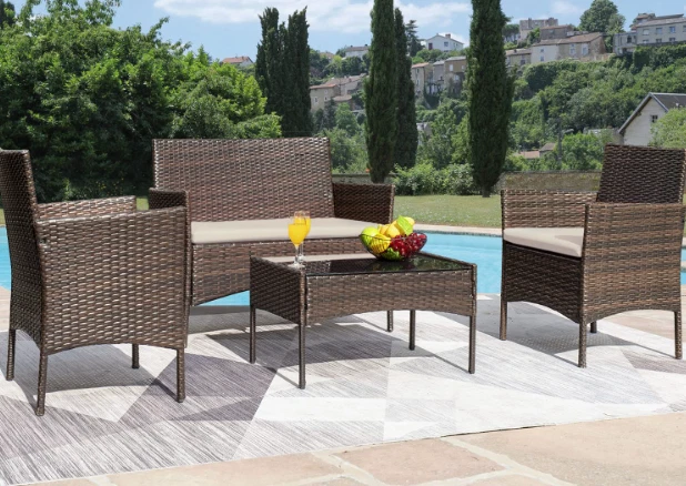 4 Pieces Brown and Beige Conversation Sets Outdoor Wicker Rattan