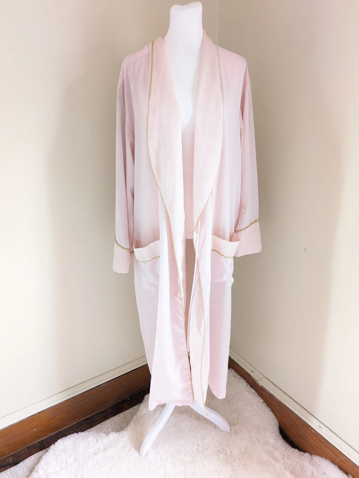 UNDERCOVER Accappatoio vintage Victorias Secret etichetta oro donna S rosa goffrato glitter broccato