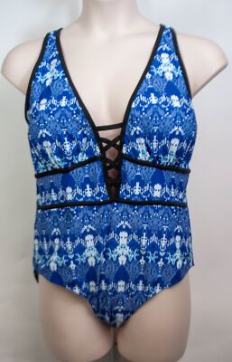 Flatter Me Plus Size Women One Piece Swimsuit Black Blue Print Cut Bodice XXL