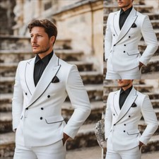 Men Suit White Blazer Black Pants Groom Tuxedo Wedding Prom Party Dinner Custom